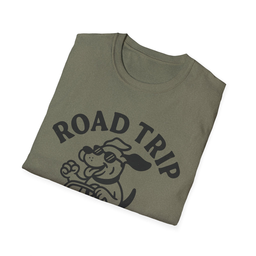 Road Trip Unisex T-Shirt with Playful Dog Graphic