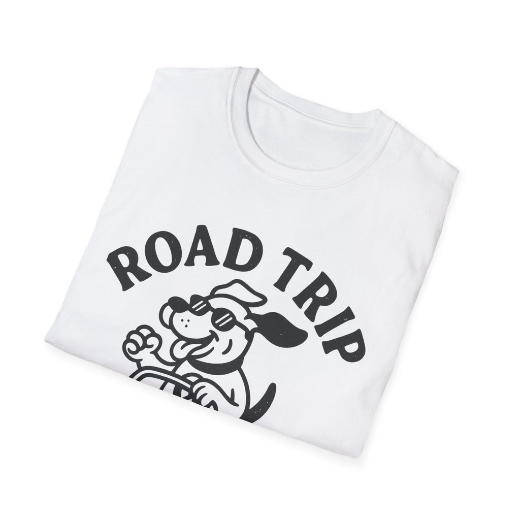Road Trip Unisex T-Shirt with Playful Dog Graphic