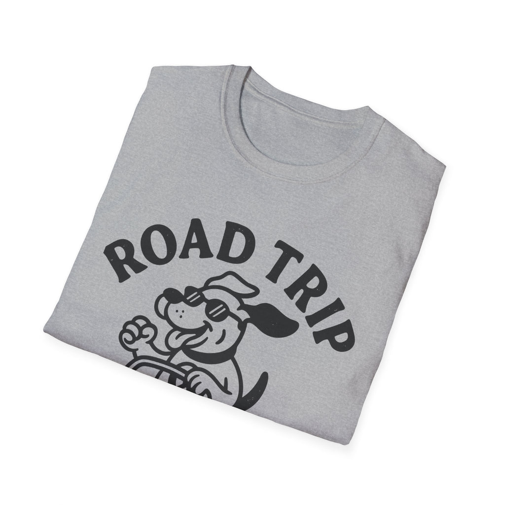 Road Trip Unisex T-Shirt with Playful Dog Graphic